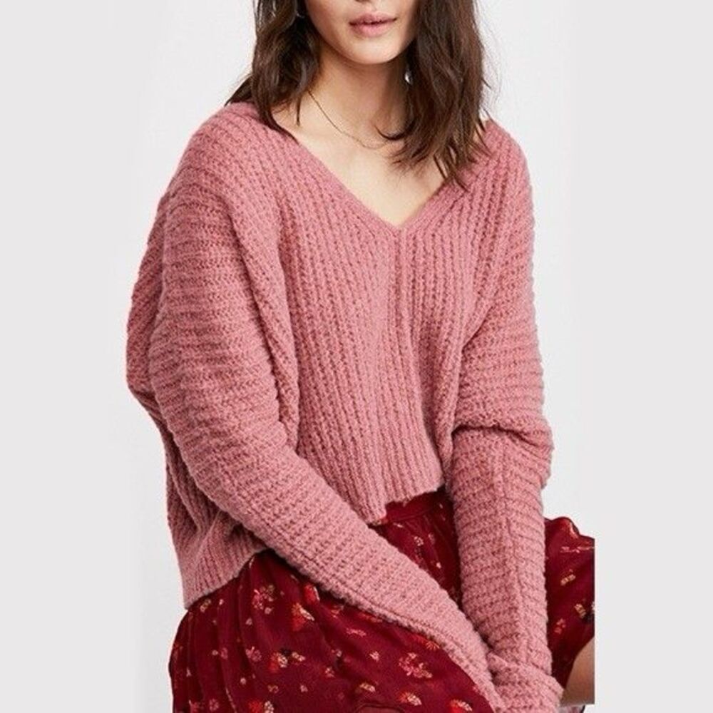 Free People Moonbeam V-Neck Sweater Pink Large NWOT Oversized Bohemian‎